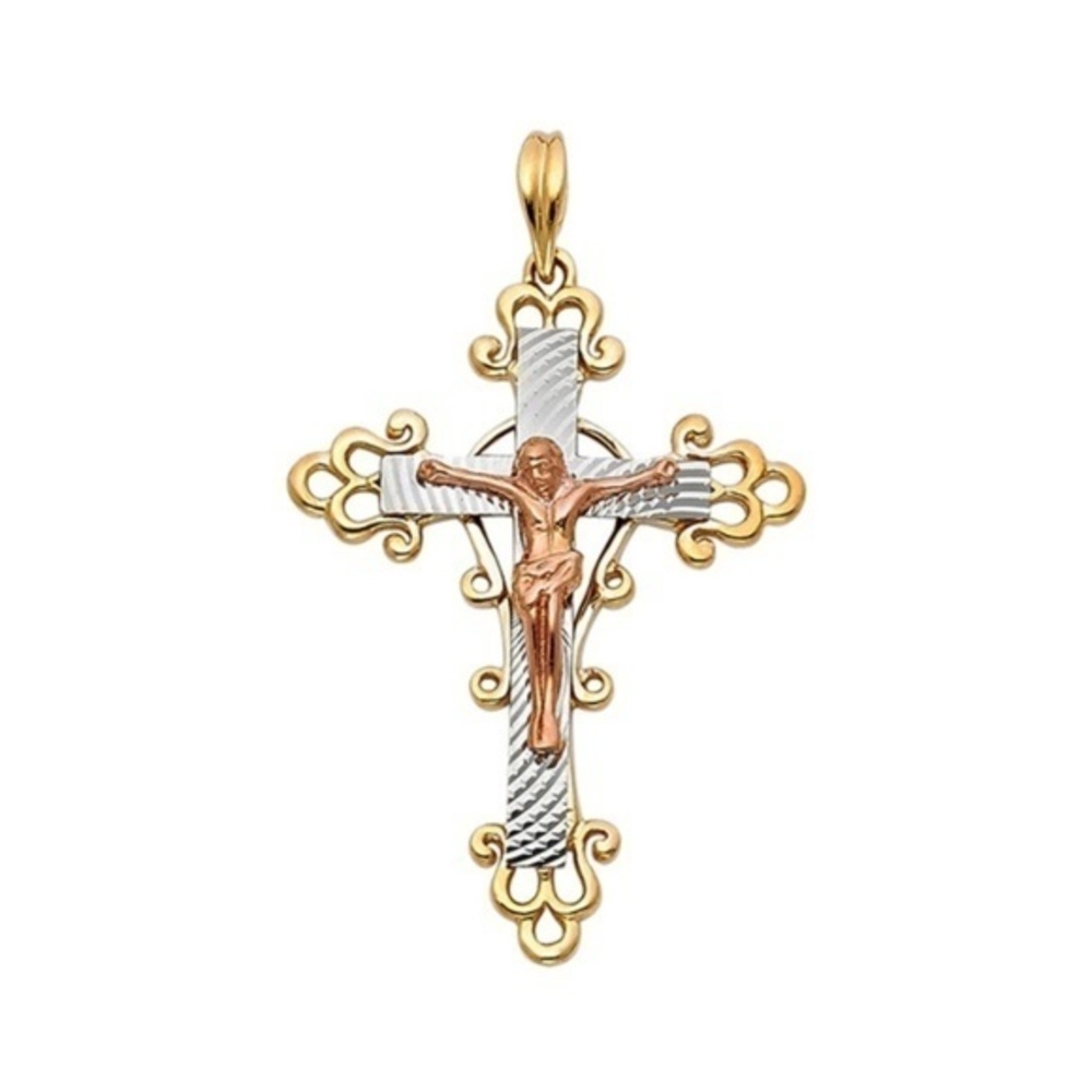 14K Tri Color Religious  Cross Crucifix Pendant